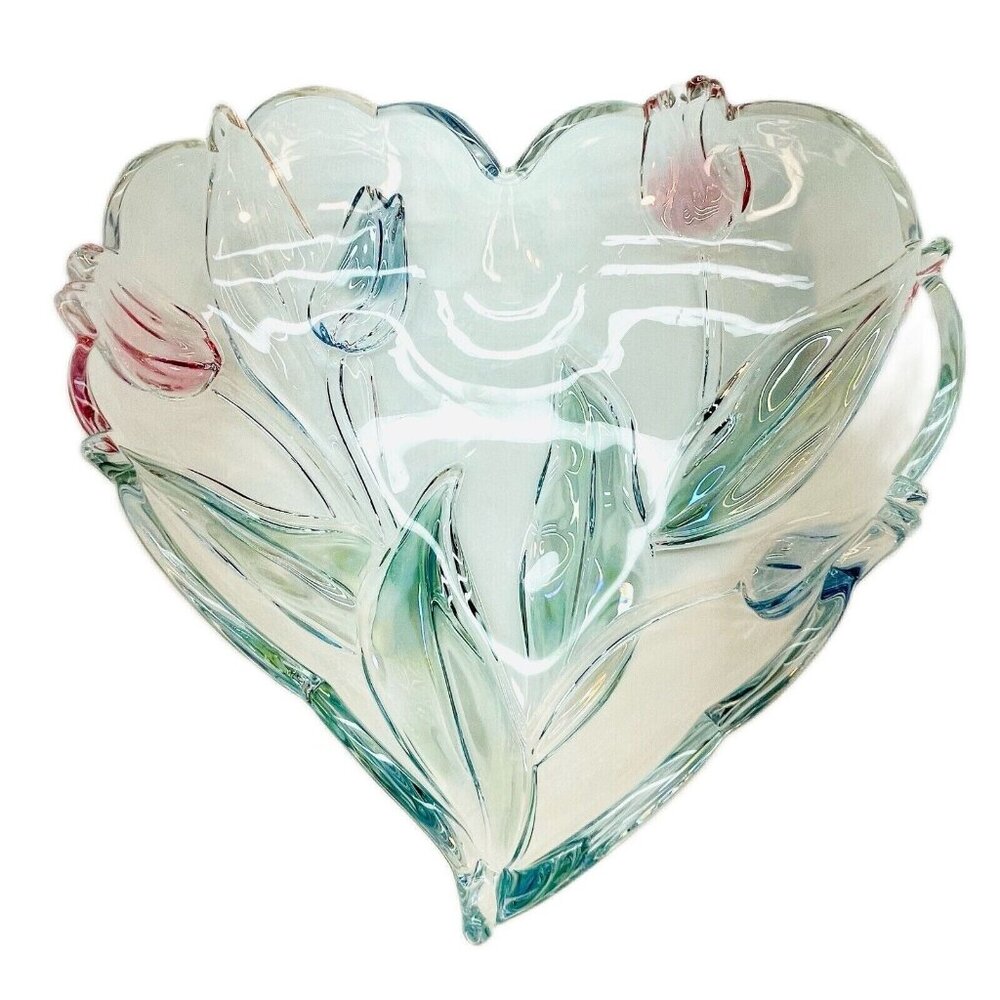 Mikasa Tivoli Crystal Serving Tray Heart Shaped W Blue Red Tulips Germany 9.5"